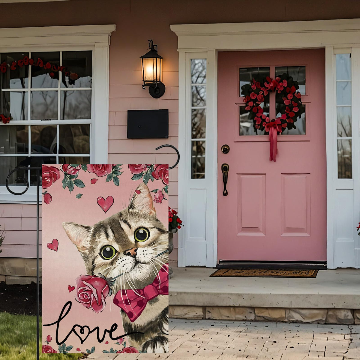 Valentine’s Day Romantic Roses Love Hearts Cat Garden Flag Yard Flag 12x18 Inch Single-Side
