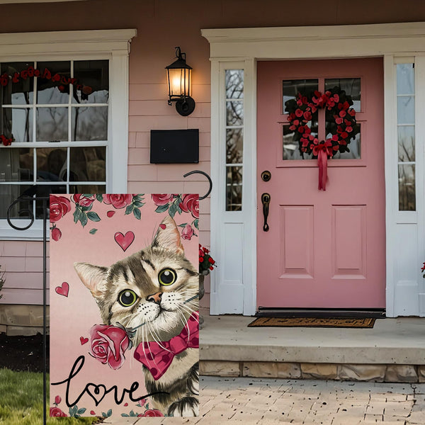 Valentine’s Day Romantic Roses Love Hearts Cat Garden Flag Yard Flag 12x18 Inch Single-Side