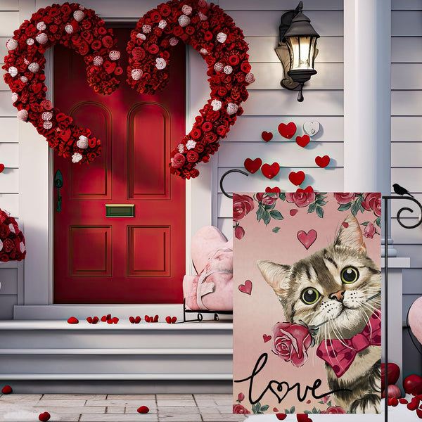 Valentine’s Day Romantic Roses Love Hearts Cat Garden Flag Yard Flag 12x18 Inch Single-Side