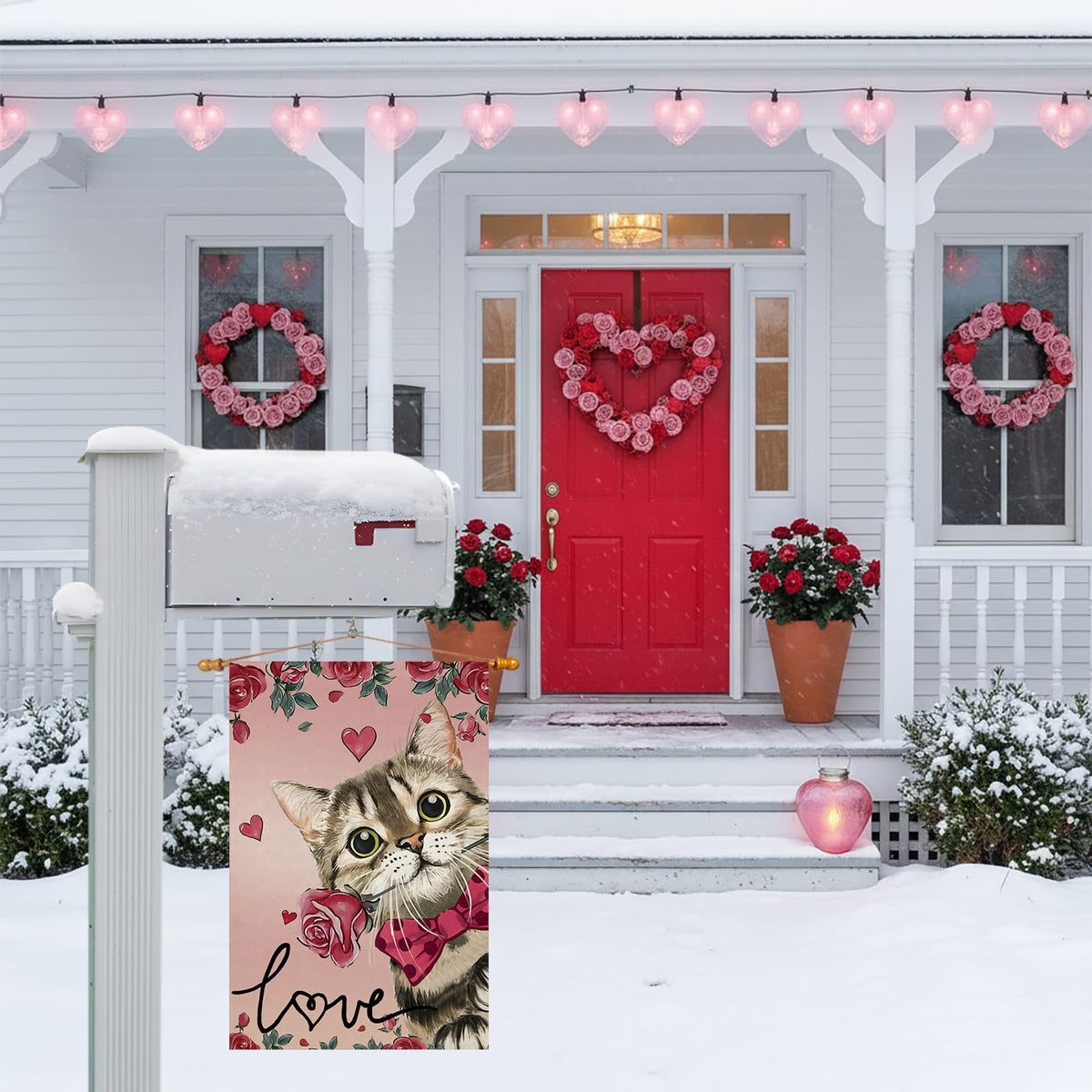 Valentine’s Day Romantic Roses Love Hearts Cat Garden Flag Yard Flag 12x18 Inch Single-Side