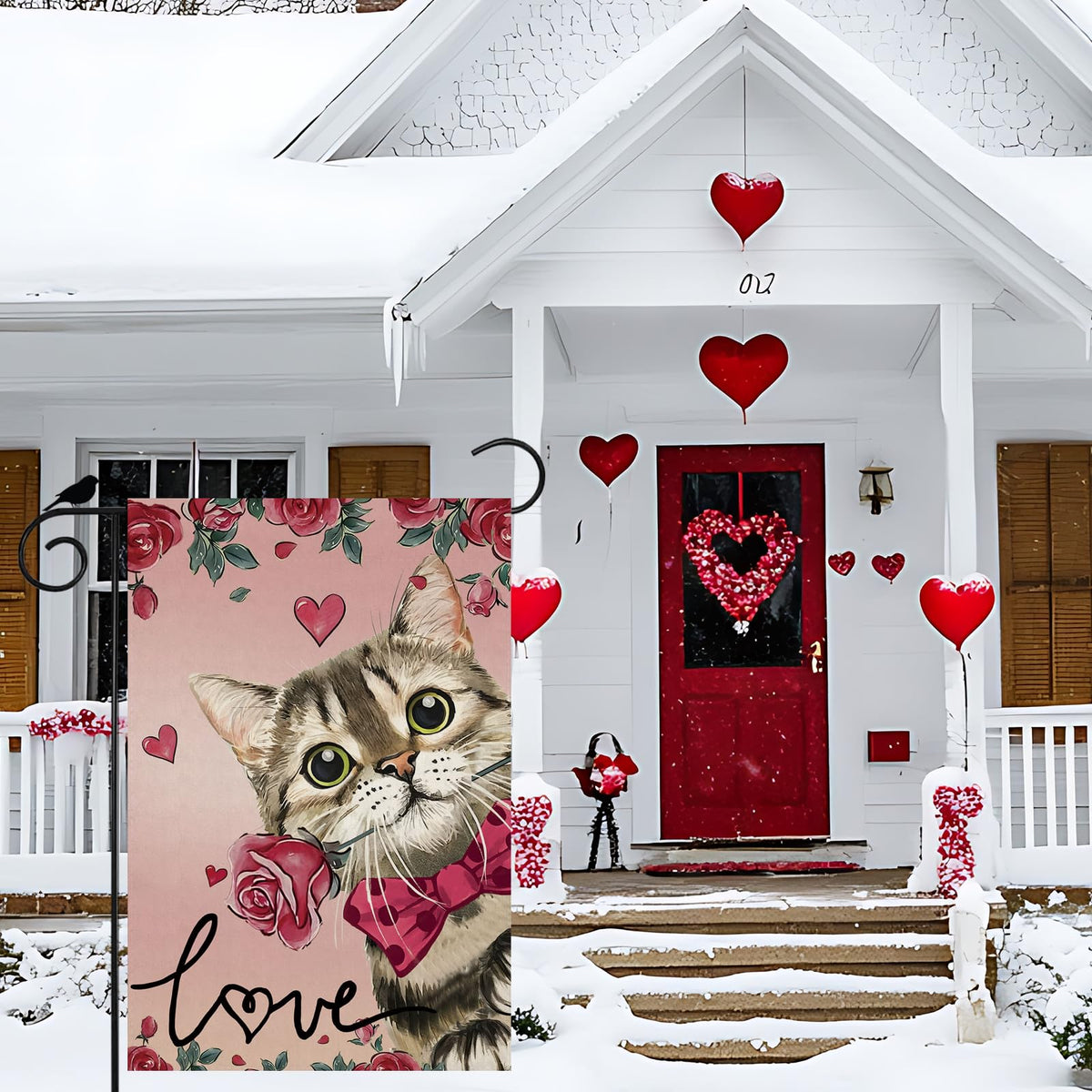Valentine’s Day Romantic Roses Love Hearts Cat Garden Flag Yard Flag 12x18 Inch Single-Side