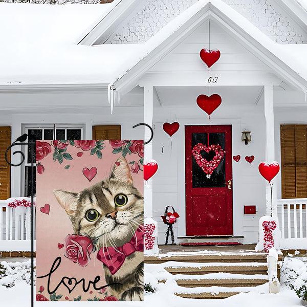 Valentine’s Day Romantic Roses Love Hearts Cat Garden Flag Yard Flag 12x18 Inch Single-Side