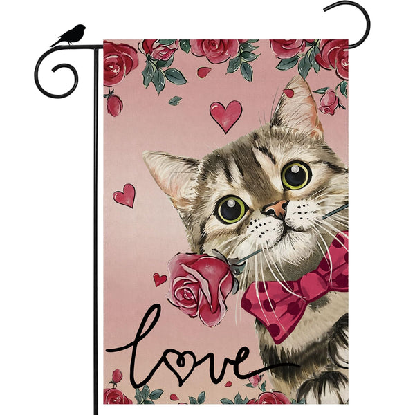 Valentine’s Day Romantic Roses Love Hearts Cat Garden Flag Yard Flag 12x18 Inch Single-Side