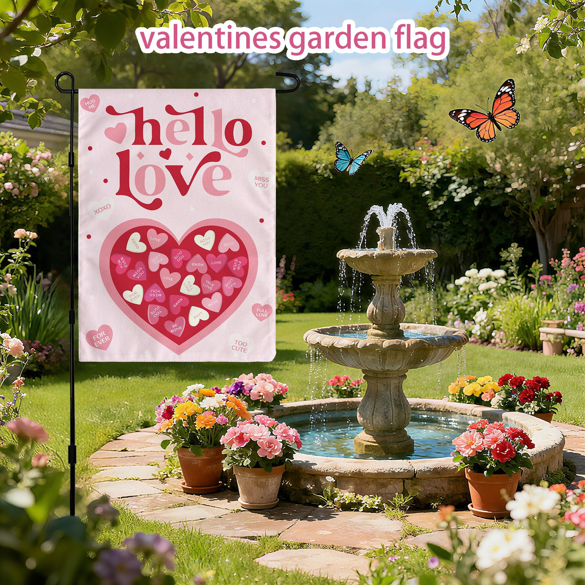Valentines Day Decorations,  Pink Heart Love Welcome Garden Flag, 12x18 Inch Single-Side Banner for Garden