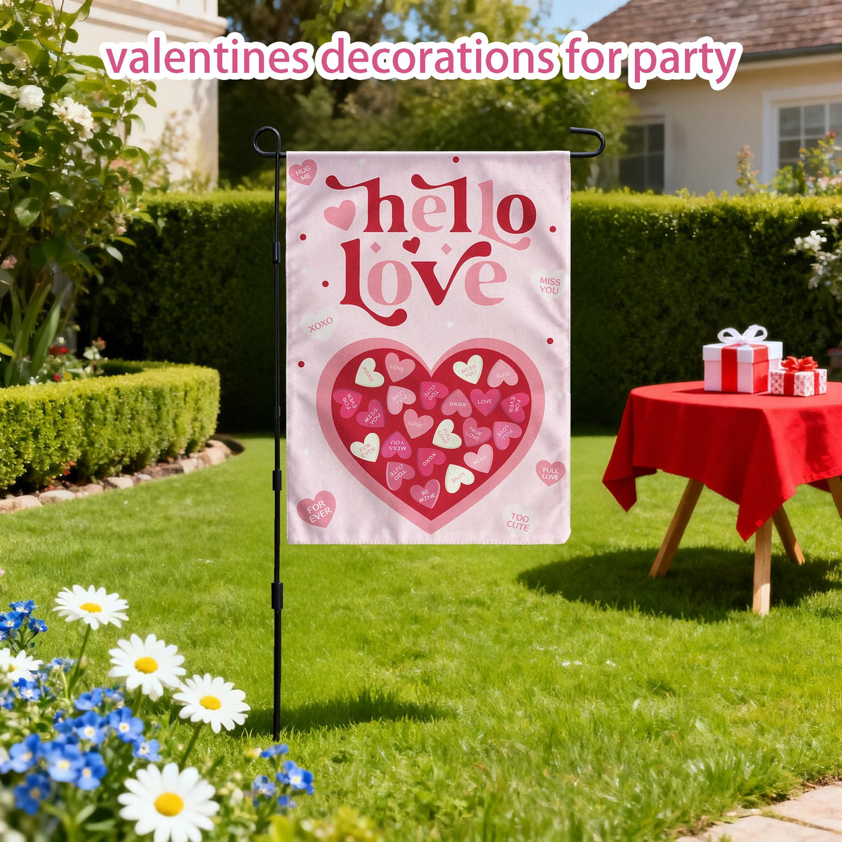 Valentines Day Decorations,  Pink Heart Love Welcome Garden Flag, 12x18 Inch Single-Side Banner for Garden
