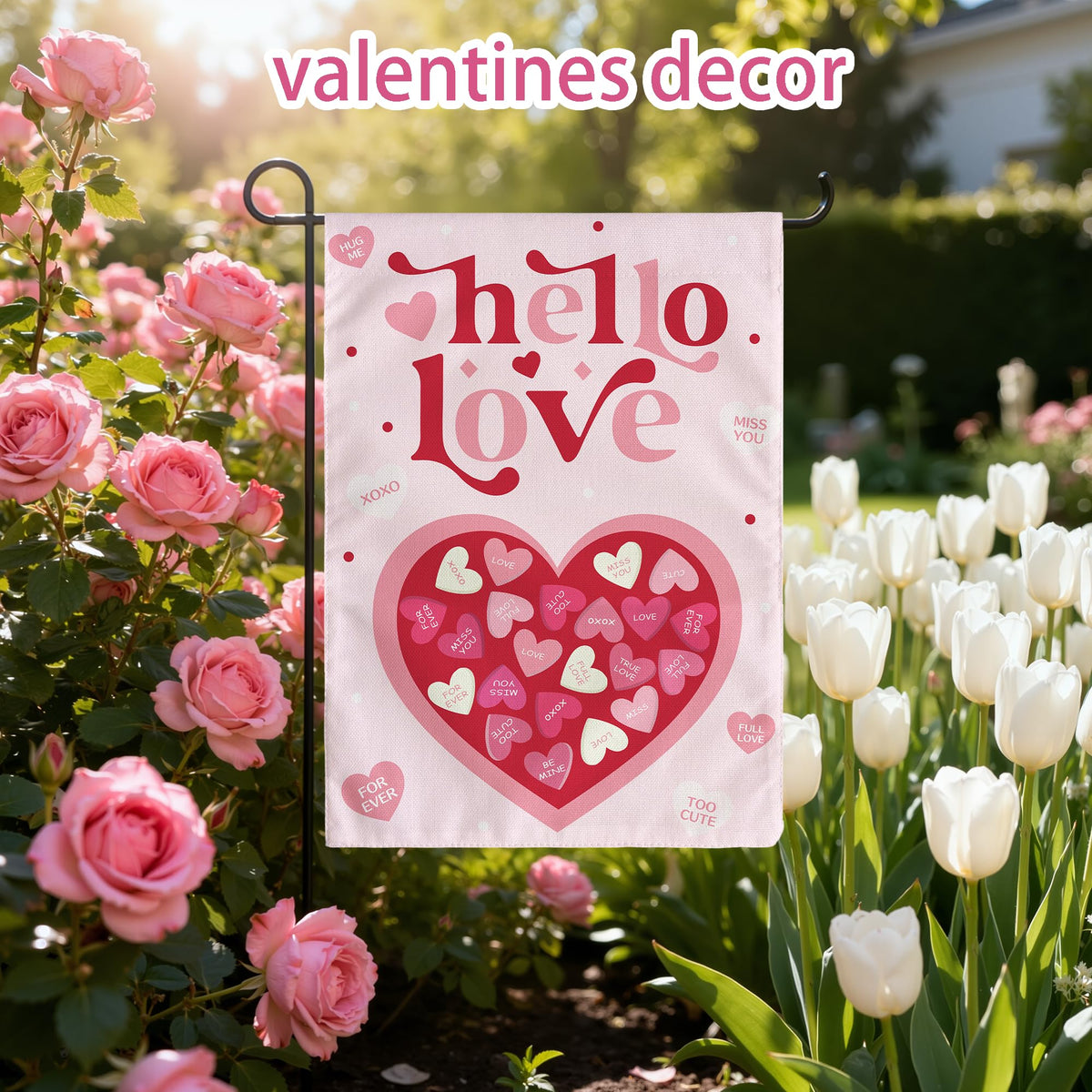 Valentines Day Decorations,  Pink Heart Love Welcome Garden Flag, 12x18 Inch Single-Side Banner for Garden