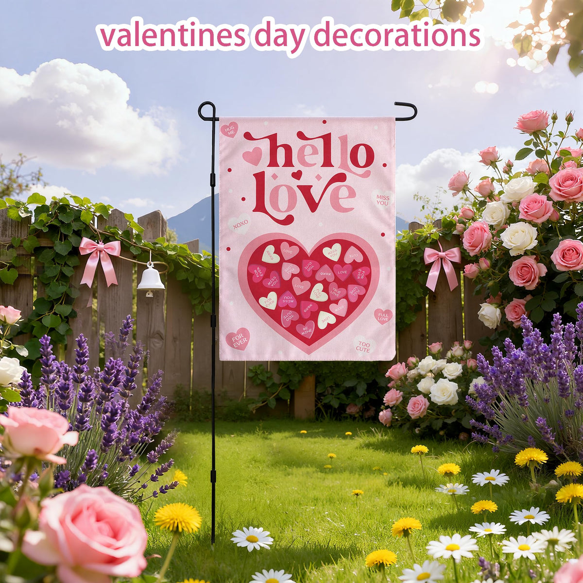 Valentines Day Decorations,  Pink Heart Love Welcome Garden Flag, 12x18 Inch Single-Side Banner for Garden