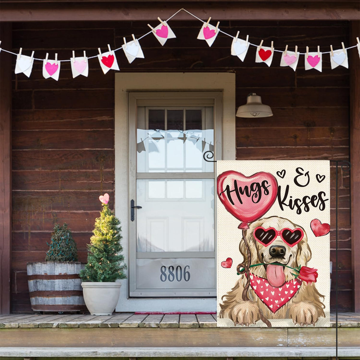 Valentine's Day Dog Garden Flag 12x18 Inch Golden Retriever Hugs Kisses Single-Side Print
