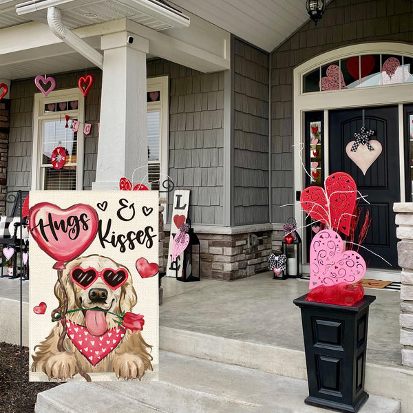 Valentine's Day Dog Garden Flag 12x18 Inch Golden Retriever Hugs Kisses Single-Side Print