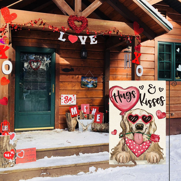 Valentine's Day Dog Garden Flag 12x18 Inch Golden Retriever Hugs Kisses Single-Side Print