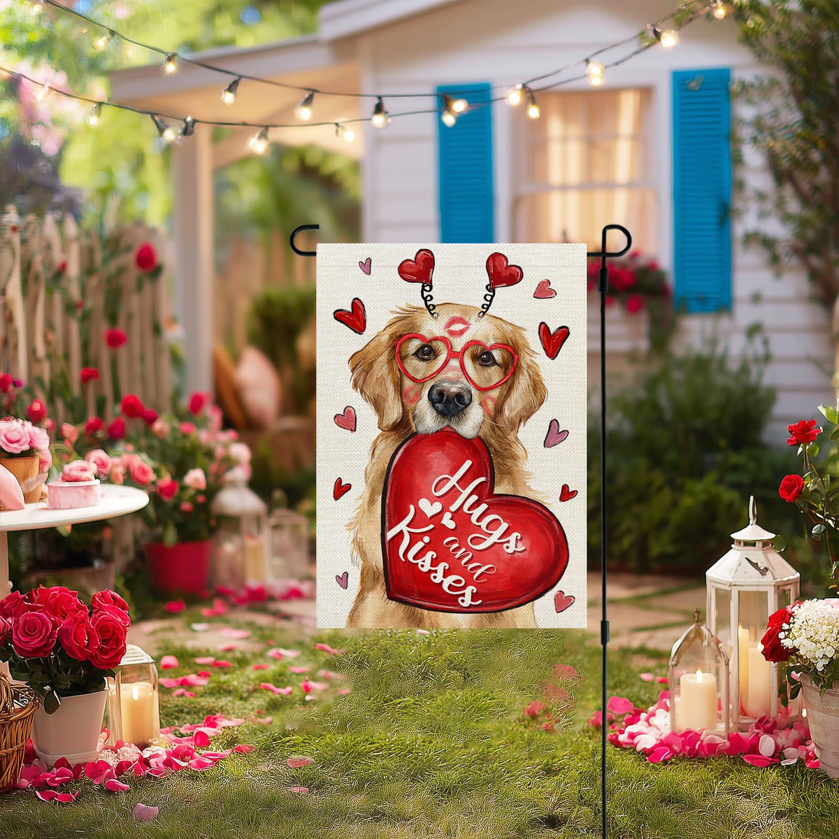 Valentines Day Garden Flag Dog Heart 12x18 Inch Single-Side Print Red Hugs Kisses Welcome Decoration