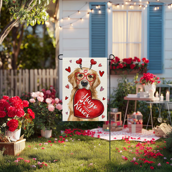 Valentines Day Garden Flag Dog Heart 12x18 Inch Single-Side Print Red Hugs Kisses Welcome Decoration