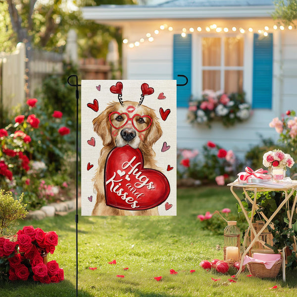 Valentines Day Garden Flag Dog Heart 12x18 Inch Single-Side Print Red Hugs Kisses Welcome Decoration