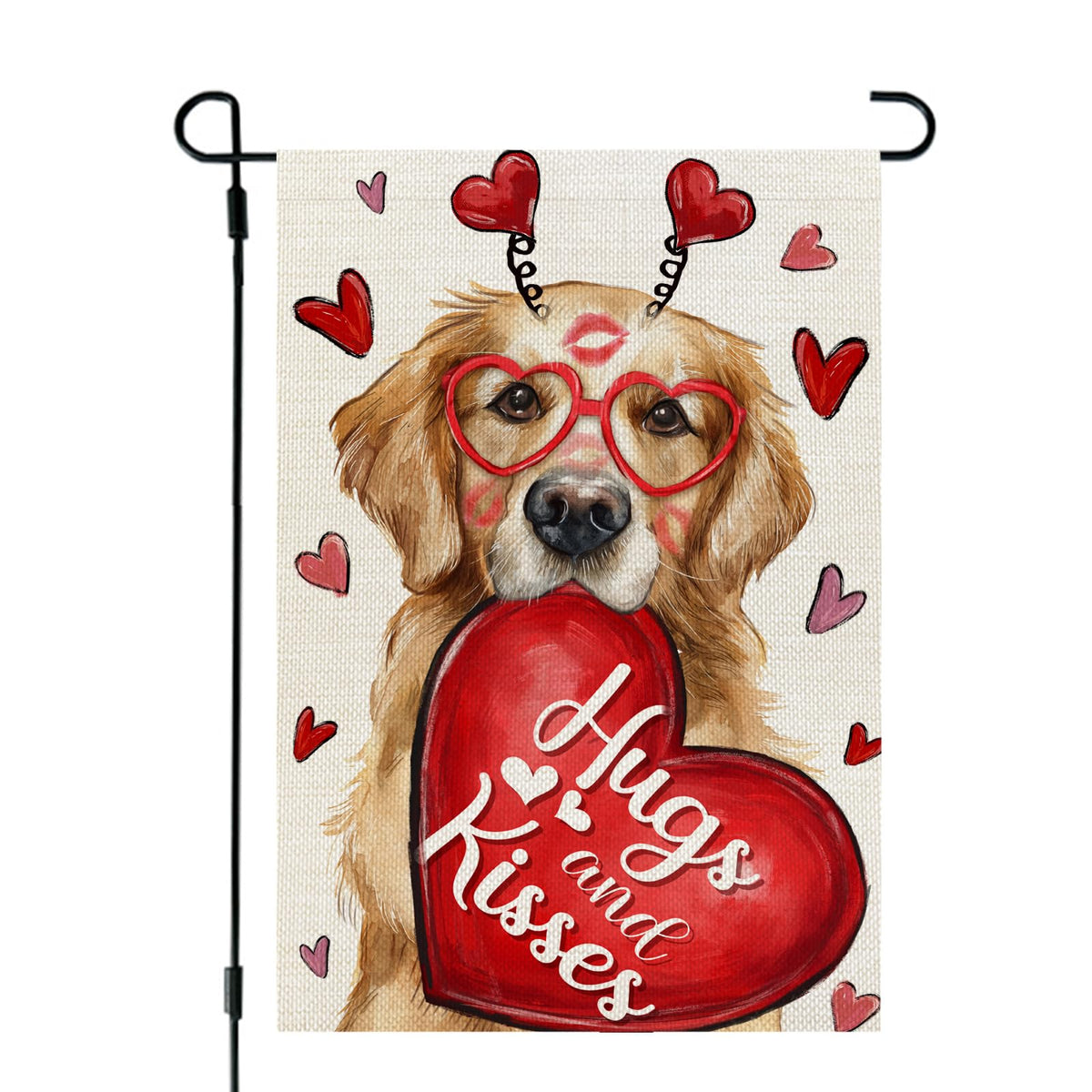 Valentines Day Garden Flag Dog Heart 12x18 Inch Single-Side Print Red Hugs Kisses Welcome Decoration