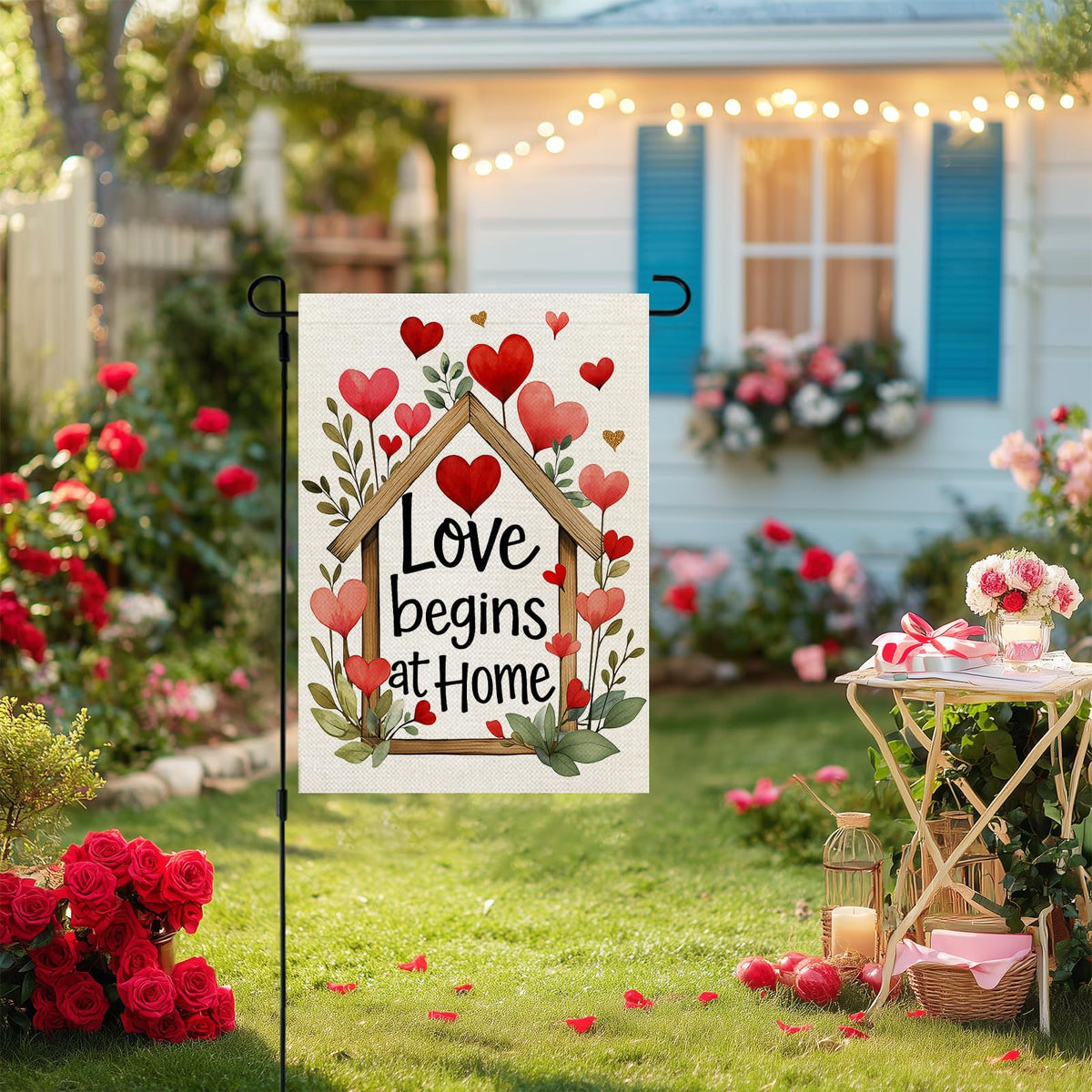 Valentines Day Garden Flag Love Begins at Home 12x18 Inch Single-Side Hearts Floral Welcome Decoration