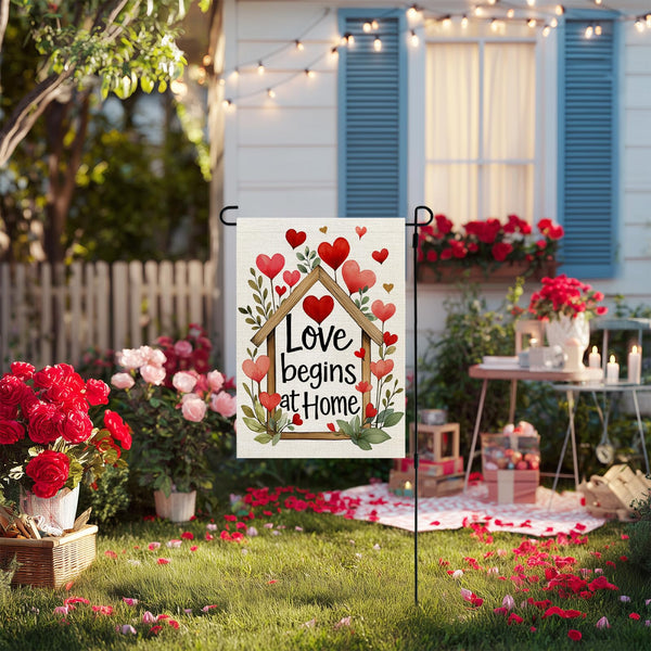 Valentines Day Garden Flag Love Begins at Home 12x18 Inch Single-Side Hearts Floral Welcome Decoration