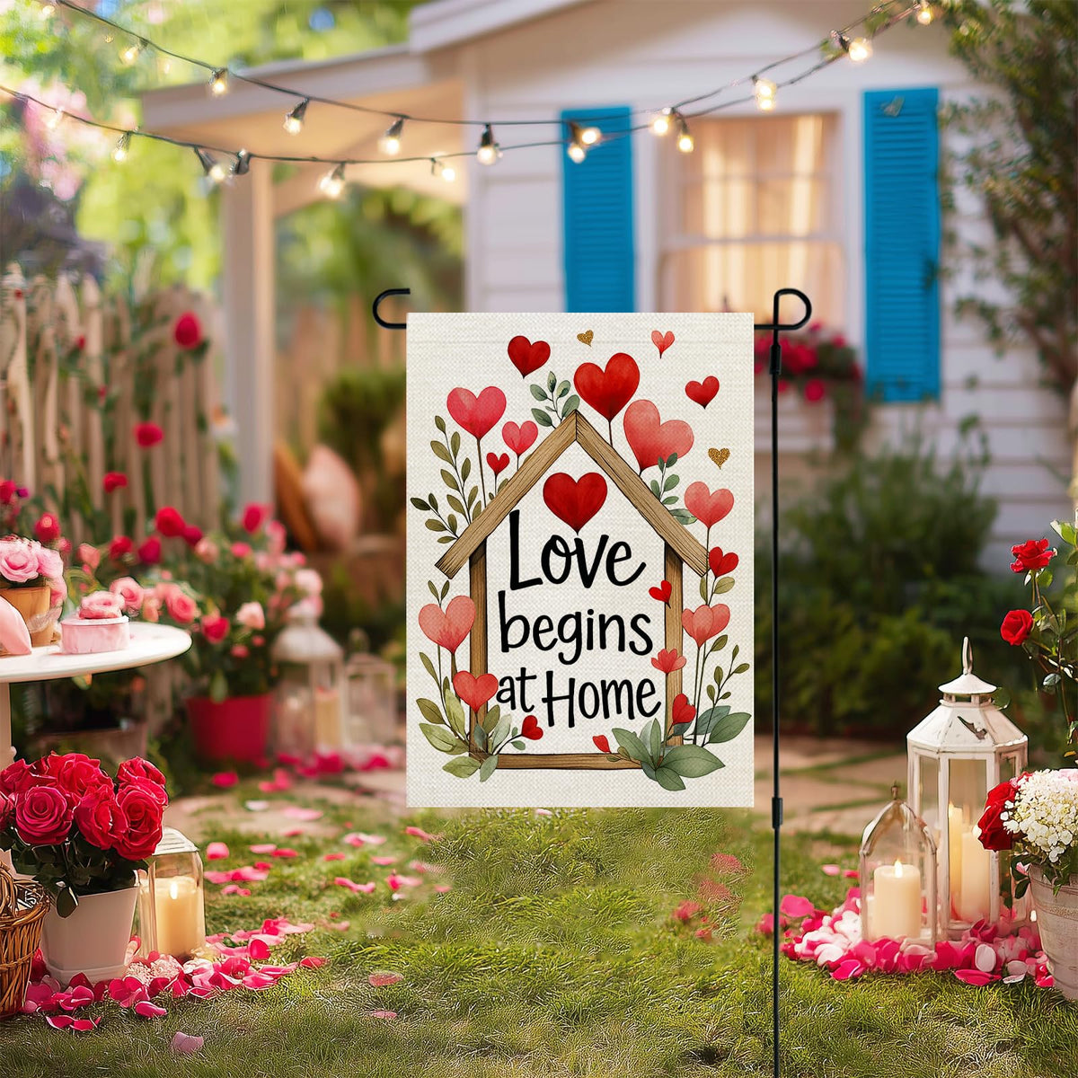 Valentines Day Garden Flag Love Begins at Home 12x18 Inch Single-Side Hearts Floral Welcome Decoration