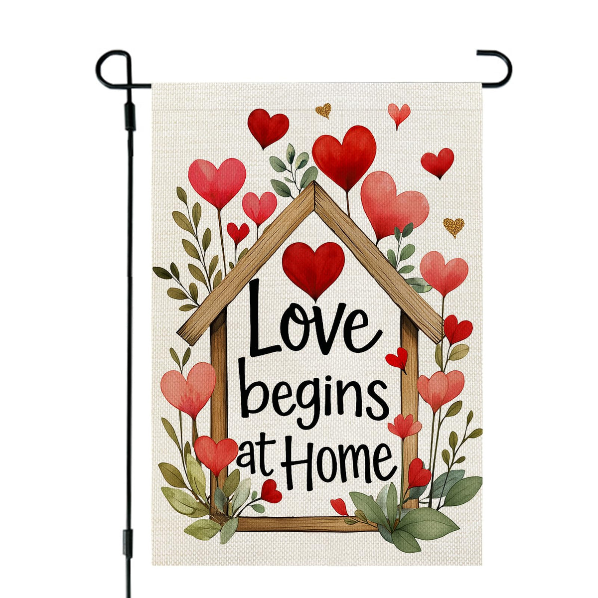Valentines Day Garden Flag Love Begins at Home 12x18 Inch Single-Side Hearts Floral Welcome Decoration