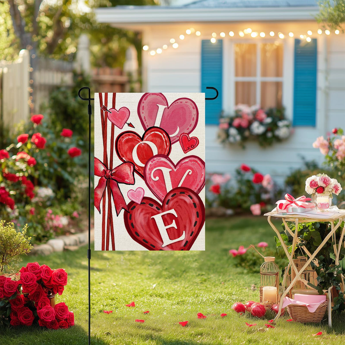Valentines Day Garden Flag Love Heart 12x18 Inch Single-Side Print Welcome Decoration for Outside Yard