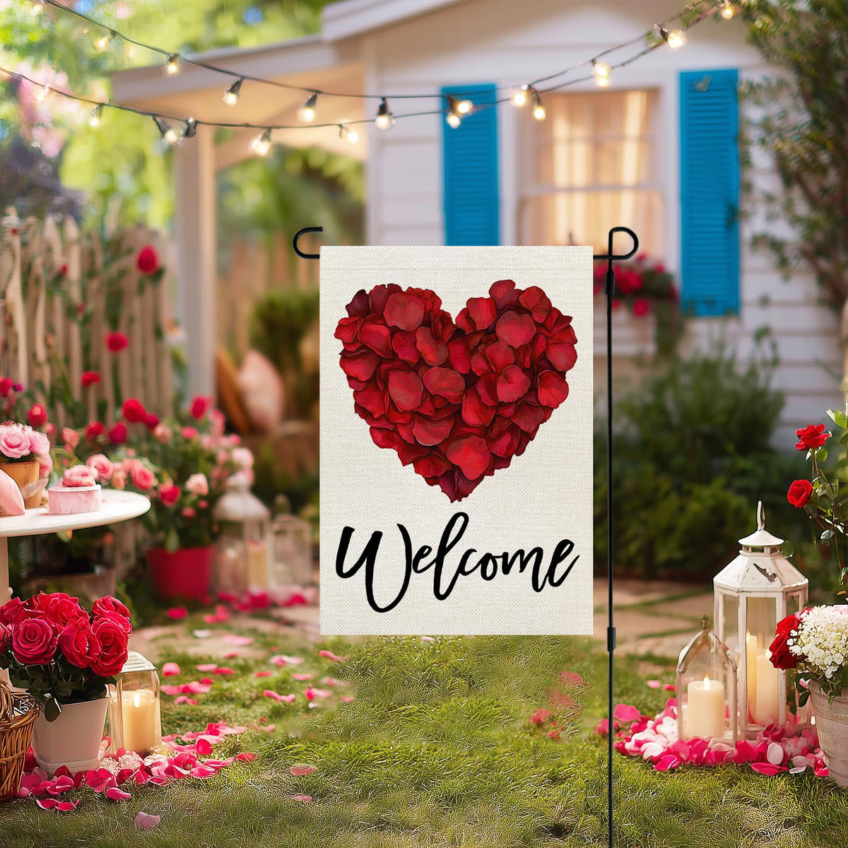 Valentines Day Garden Flag Rose Heart 12x18 Inch Single-Side Red Floral Welcome Decoration