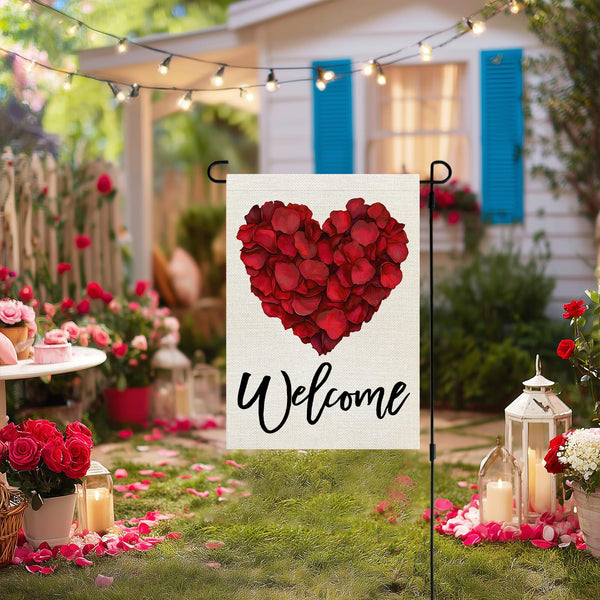 Valentines Day Garden Flag Rose Heart 12x18 Inch Single-Side Red Floral Welcome Decoration
