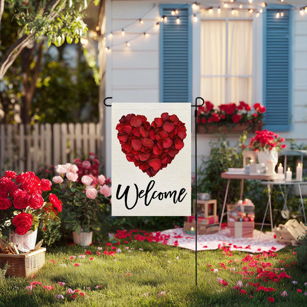 Valentines Day Garden Flag Rose Heart 12x18 Inch Single-Side Red Floral Welcome Decoration