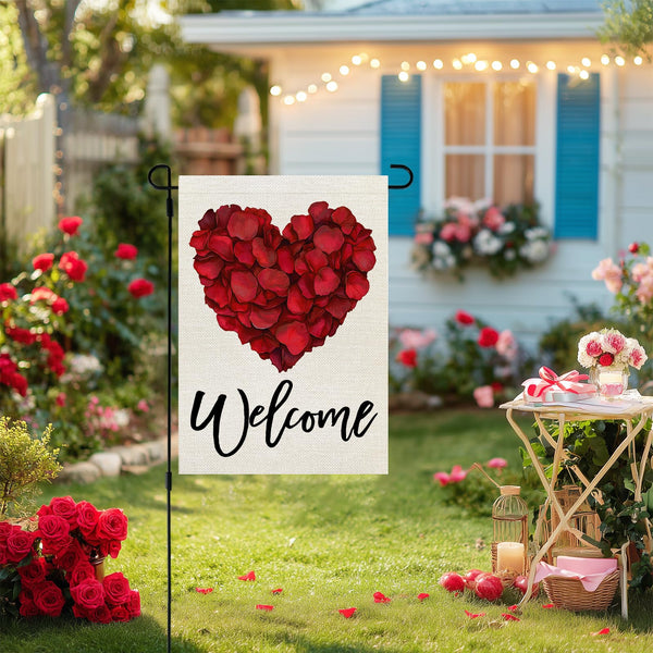 Valentines Day Garden Flag Rose Heart 12x18 Inch Single-Side Red Floral Welcome Decoration