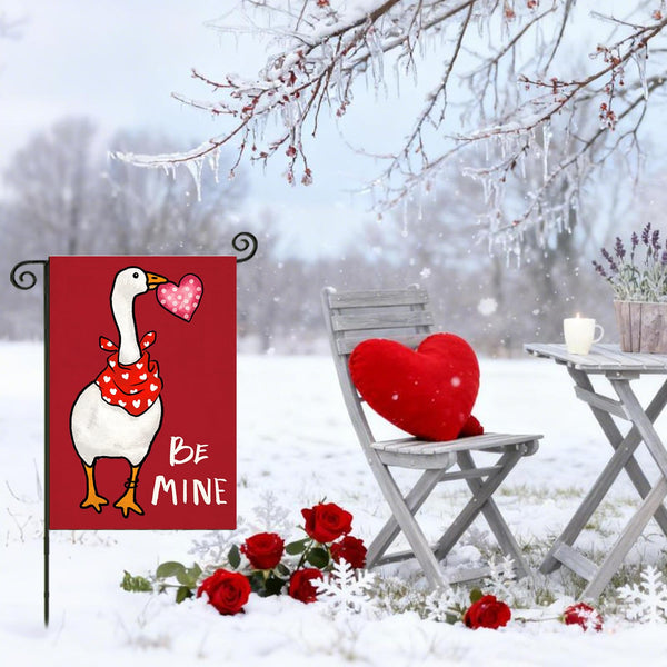 Valentines Day Garden Flags 12x18 Inch Single-Side, BE MINE Funny Goose with Love Heart Small Seasonal Decoration