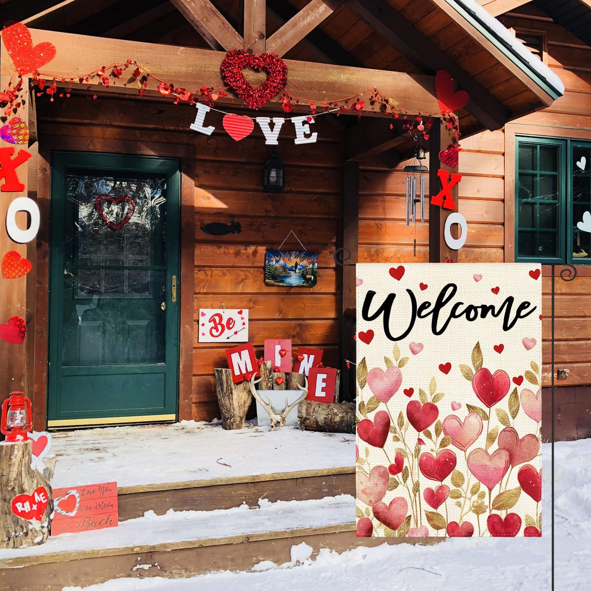 Valentines Day Love Hearts Garden Flag 12x18 Inch 1-Side Outside, Floral Welcome Anniversary Yard Flag