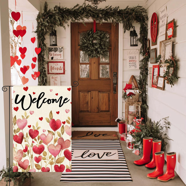 Valentines Day Love Hearts Garden Flag 12x18 Inch 1-Side Outside, Floral Welcome Anniversary Yard Flag