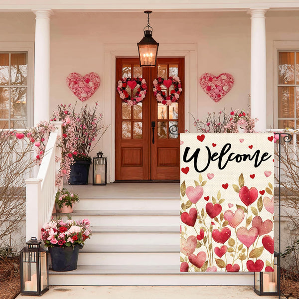 Valentines Day Love Hearts Garden Flag 12x18 Inch 1-Side Outside, Floral Welcome Anniversary Yard Flag