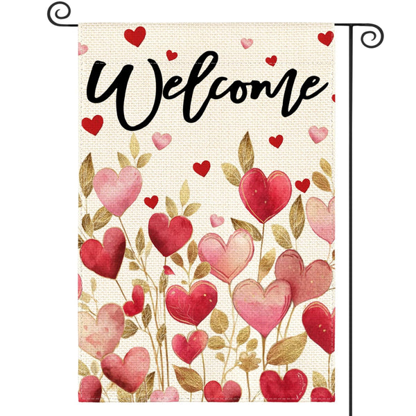 Valentines Day Love Hearts Garden Flag 12x18 Inch 1-Side Outside, Floral Welcome Anniversary Yard Flag
