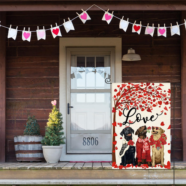 Valentines Day Rose Wreath Dog Garden Flag 12x18 Inch 1-Side, Love Heart Anniversary Yard Outdoor Flag