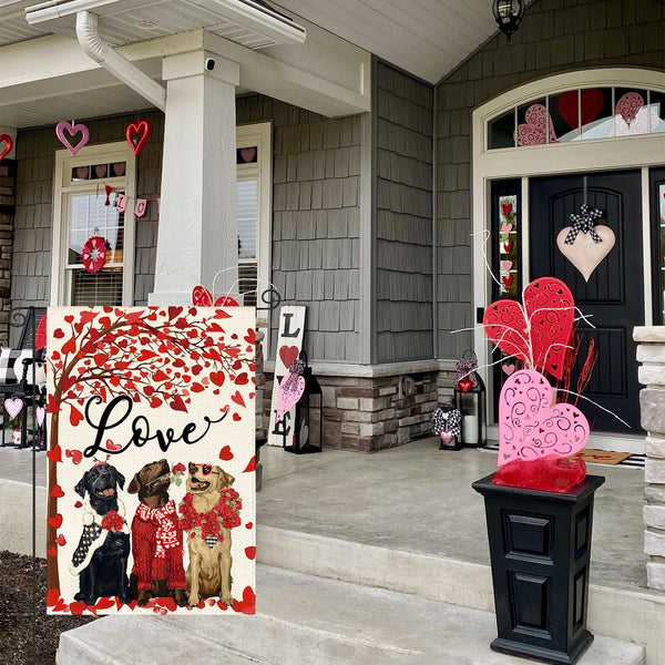 Valentines Day Rose Wreath Dog Garden Flag 12x18 Inch 1-Side, Love Heart Anniversary Yard Outdoor Flag