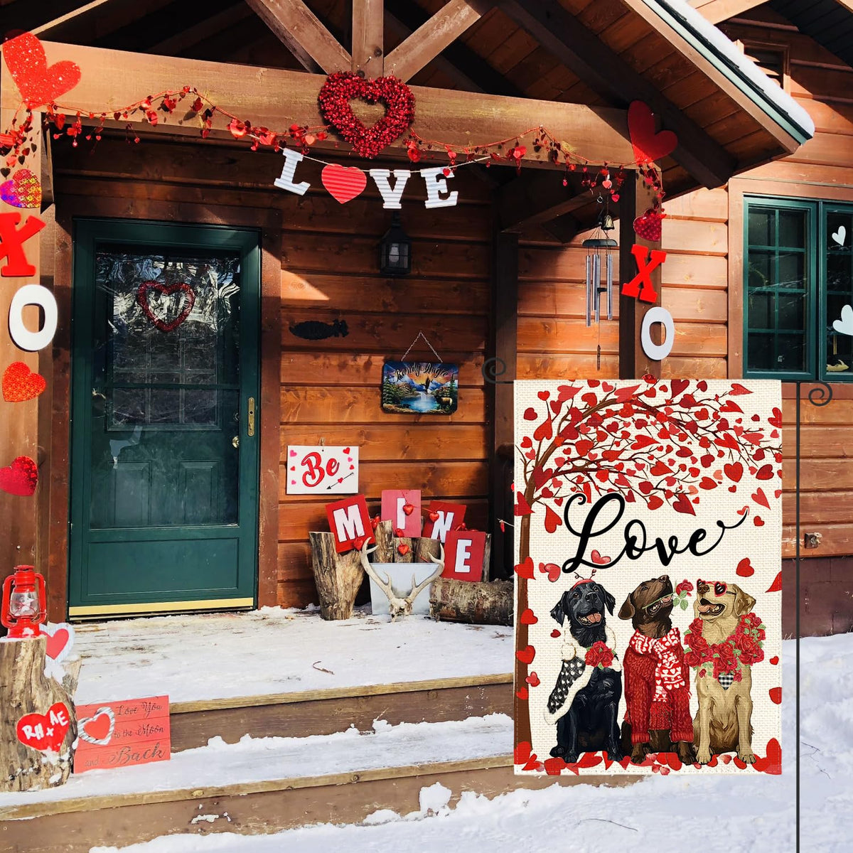Valentines Day Rose Wreath Dog Garden Flag 12x18 Inch 1-Side, Love Heart Anniversary Yard Outdoor Flag