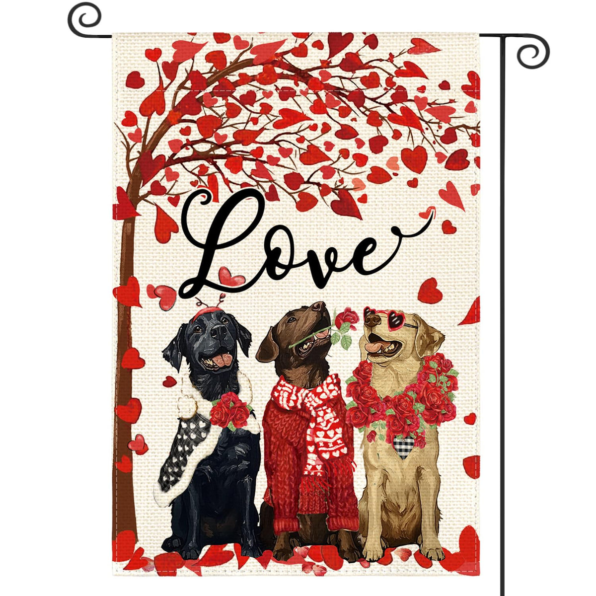 Valentines Day Rose Wreath Dog Garden Flag 12x18 Inch 1-Side, Love Heart Anniversary Yard Outdoor Flag
