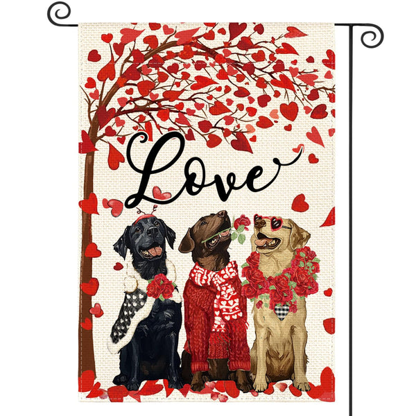Valentines Day Rose Wreath Dog Garden Flag 12x18 Inch 1-Side, Love Heart Anniversary Yard Outdoor Flag
