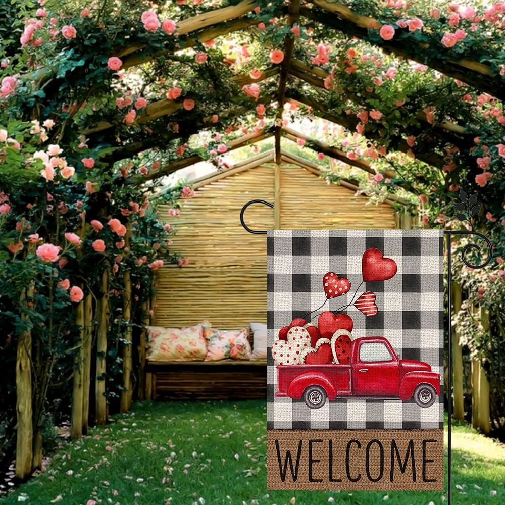 Valentines Day Truck Garden Flag 12×18 Inch 1-Side for Outside Red Heart Plaid Small Holiday Decoration