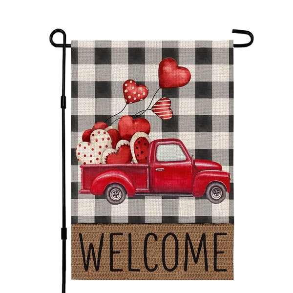 Valentines Day Truck Garden Flag 12×18 Inch 1-Side for Outside Red Heart Plaid Small Holiday Decoration