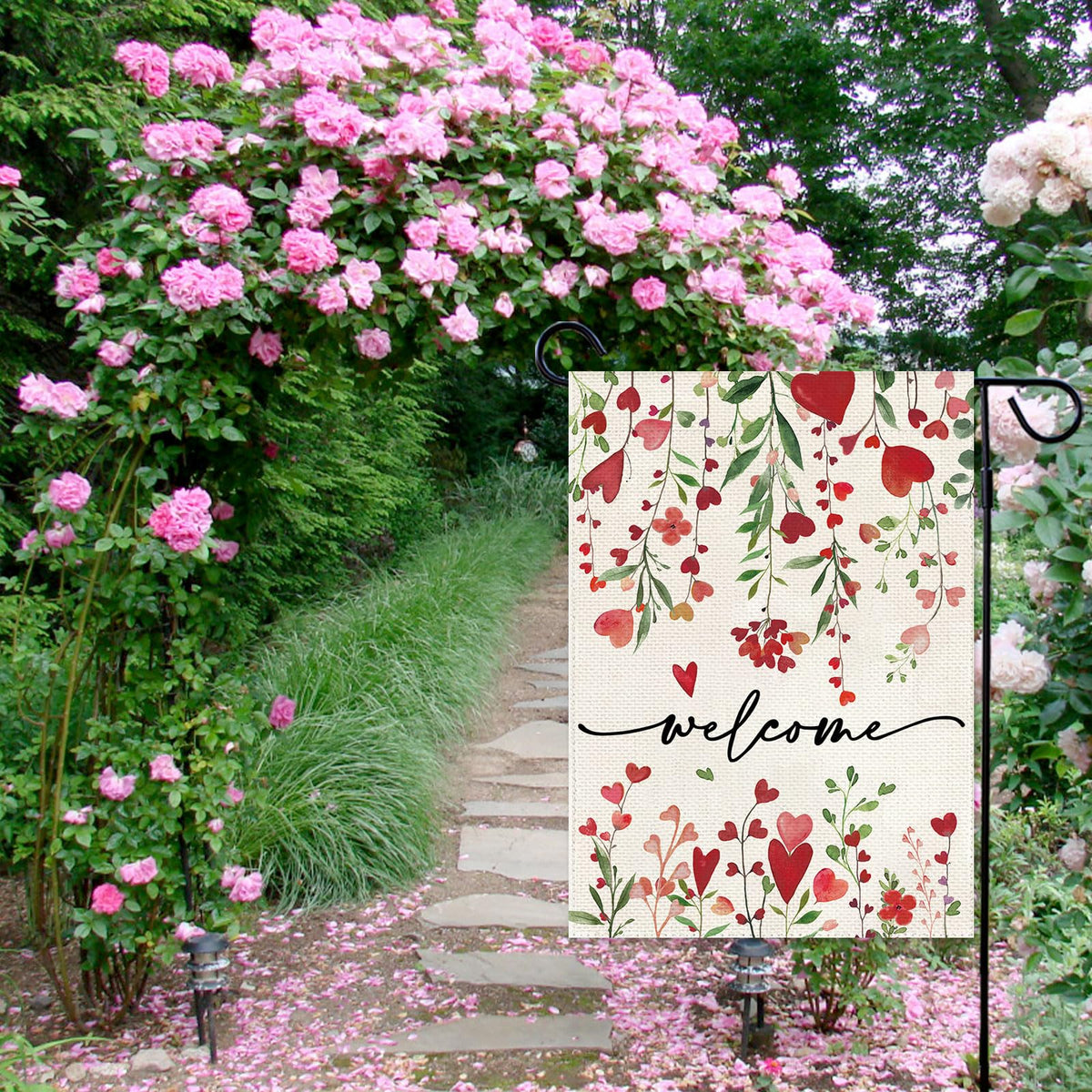 Valentines Day Welcome Garden Flag 12x18 Inch Vertical Single-Side Red Love Heart Floral Yard