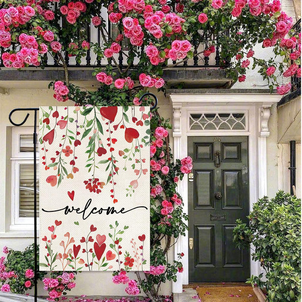 Valentines Day Welcome Garden Flag 12x18 Inch Vertical Single-Side Red Love Heart Floral Yard