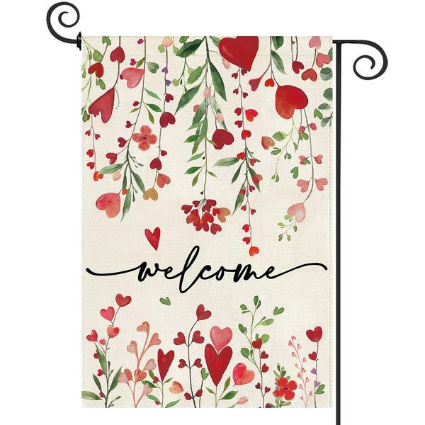 Valentines Day Welcome Garden Flag 12x18 Inch Vertical Single-Side Red Love Heart Floral Yard