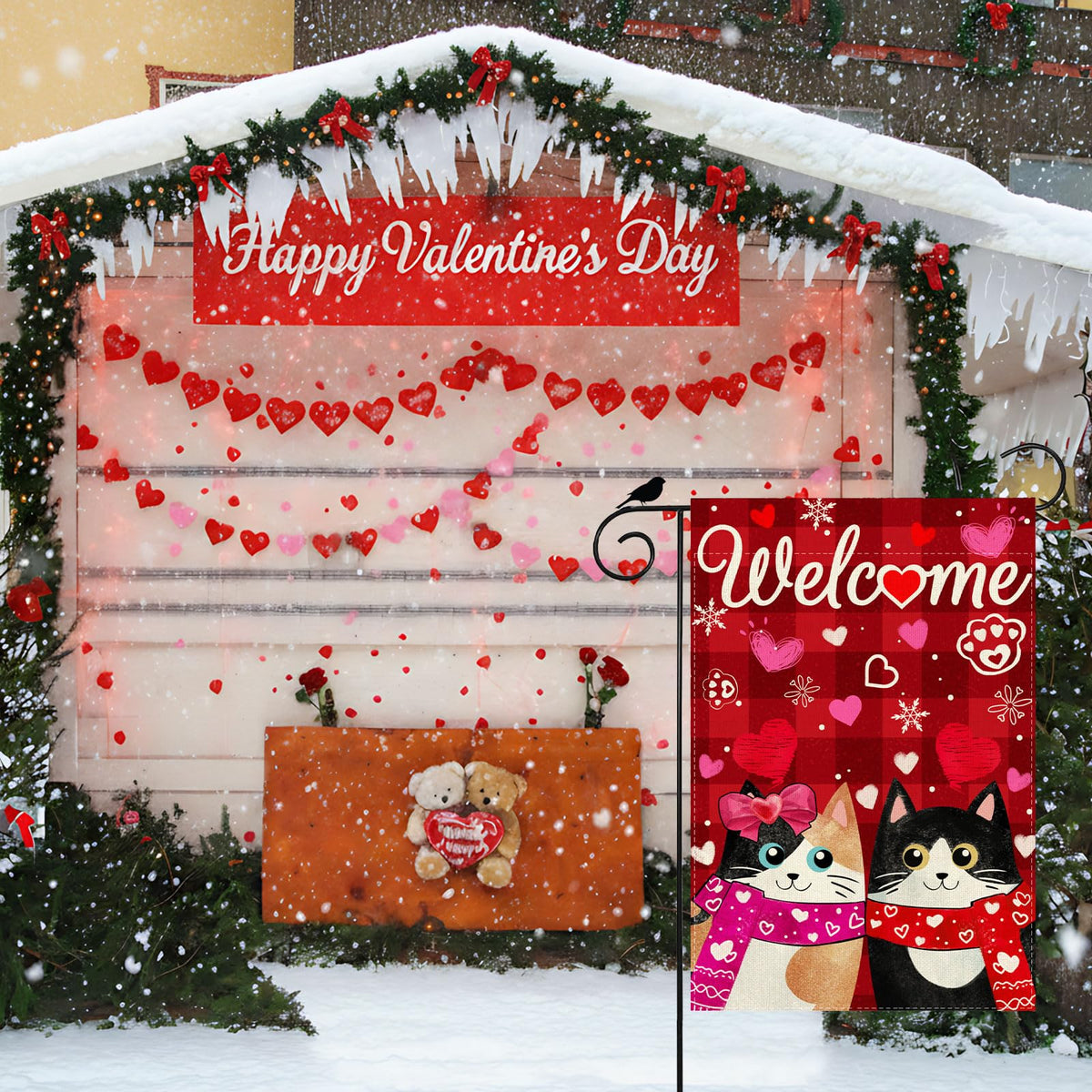 Welcome Valentine’s Day Garden Flag Romantic Love Heart Couple Cats Paw Yard Flag 12x18 Inch Single-Side
