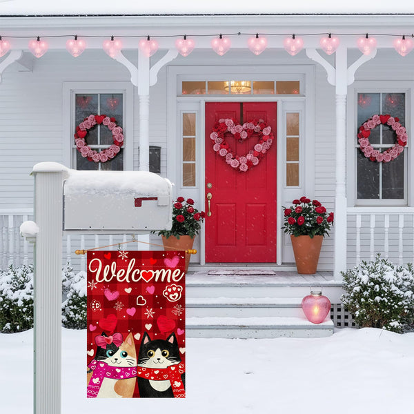 Welcome Valentine’s Day Garden Flag Romantic Love Heart Couple Cats Paw Yard Flag 12x18 Inch Single-Side