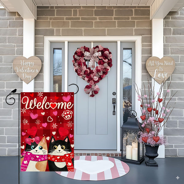 Welcome Valentine’s Day Garden Flag Romantic Love Heart Couple Cats Paw Yard Flag 12x18 Inch Single-Side