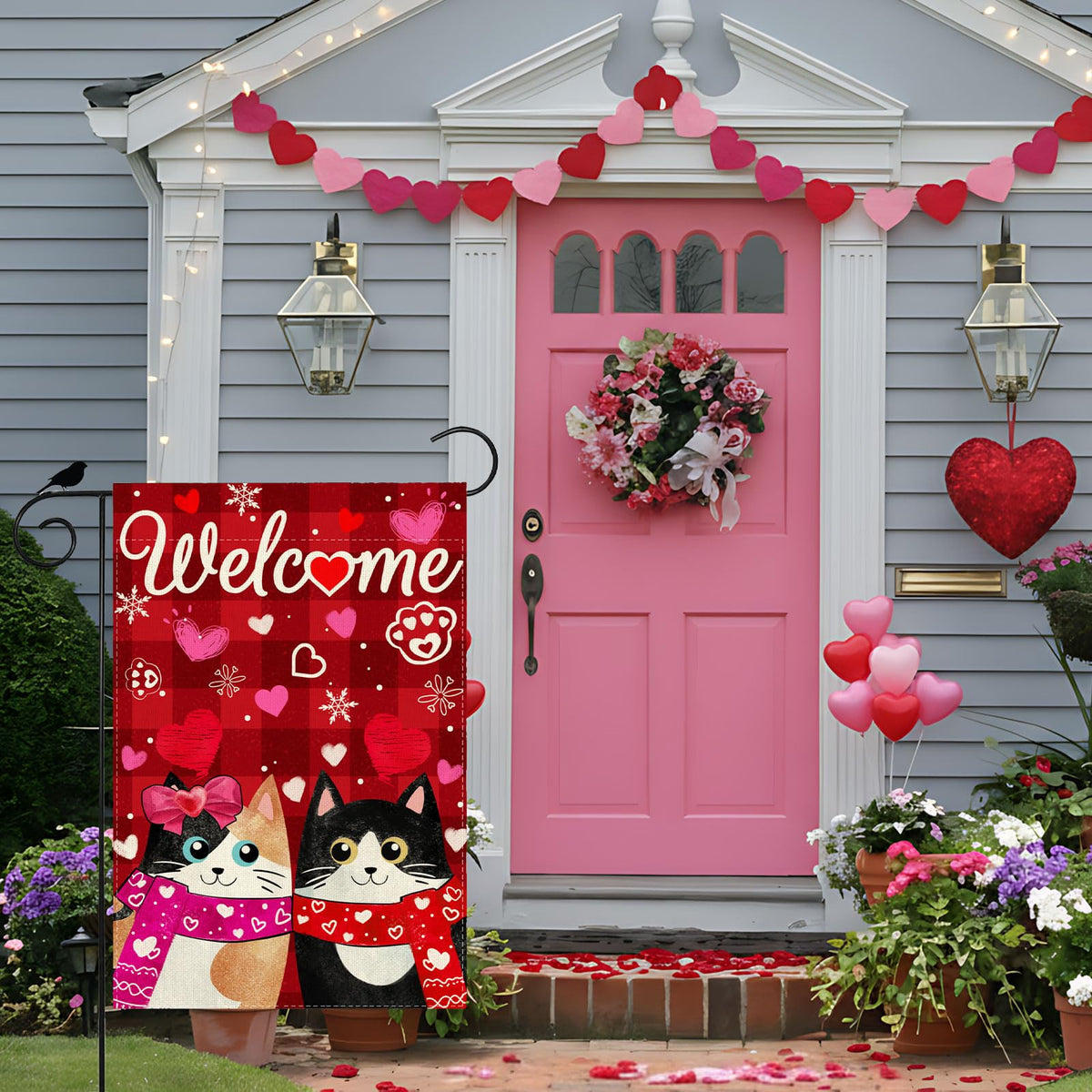 Welcome Valentine’s Day Garden Flag Romantic Love Heart Couple Cats Paw Yard Flag 12x18 Inch Single-Side