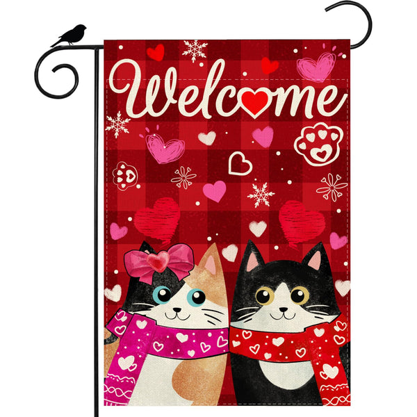 Welcome Valentine’s Day Garden Flag Romantic Love Heart Couple Cats Paw Yard Flag 12x18 Inch Single-Side