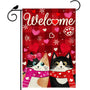 Welcome Valentine’s Day Garden Flag Romantic Love Heart Couple Cats Paw Yard Flag 12x18 Inch Single-Side