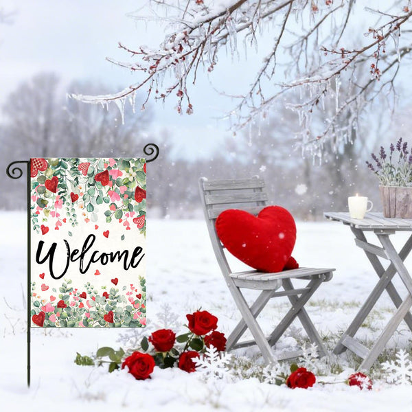 Welcome Valentines Day Garden Flags, 12x18 Inch 1-Side Watercolor Lovely Flowers Small Seasonal Decoration