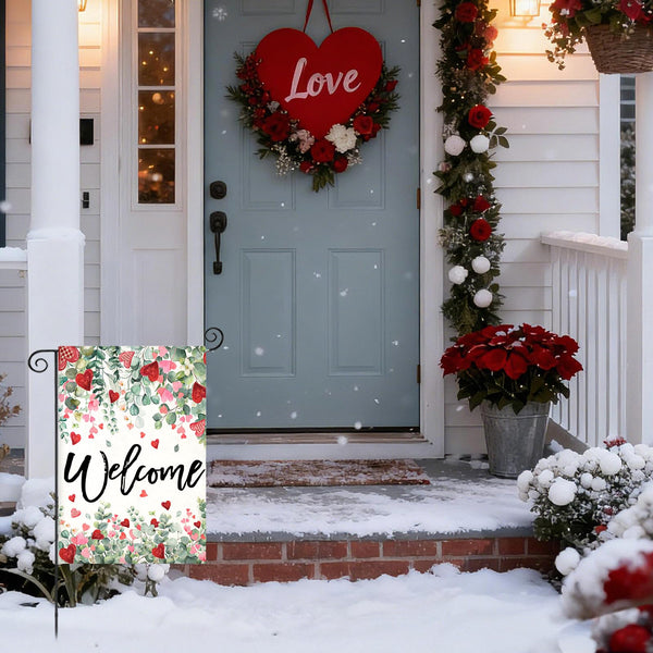 Welcome Valentines Day Garden Flags, 12x18 Inch 1-Side Watercolor Lovely Flowers Small Seasonal Decoration